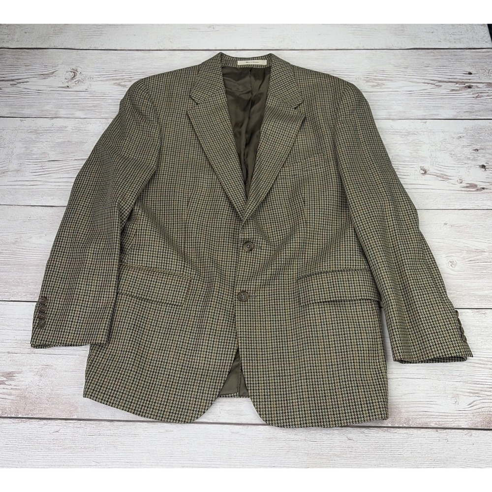 VTG CHAPS Ralph Lauren Men's 42R Tan Houndstooth Silk Wool Blazer Jacket Coat